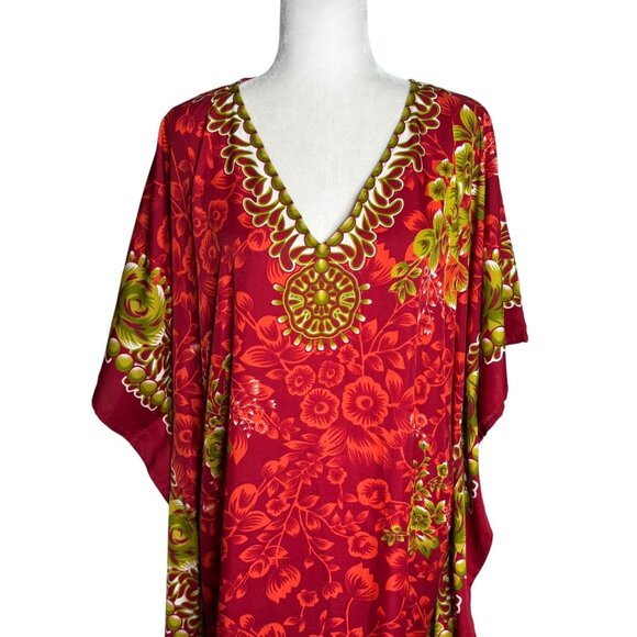 Miss Lavish London Floral Kaftan Maxi Dress One Size Red Pockets V Neck Resort - Picture 2 of 7